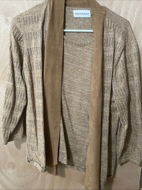 Alfred Dunner Beige/Tan Open-Front Knit Cardigan with Suede Trim